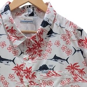Columbia‎ Mens PFG White Sailfish Print Short Sleeve Button Up Vented Shirt XXL